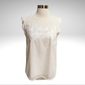 LOFT White Eyelet Overlay Lace Fluttersleeve Top Size Small